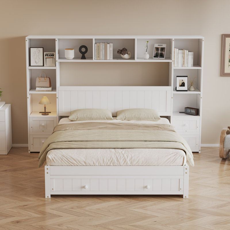 Wood Platform Bed Frame With Bookcase Headboard And Built-In Nightstands, Full