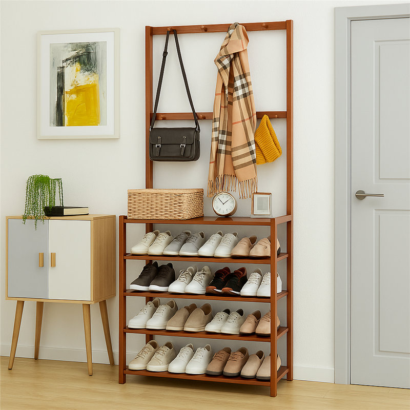 Solid Wooden Hall Tree Coat Stand Garment Hanger with Storage Shelves Shoe Organiser Hallway