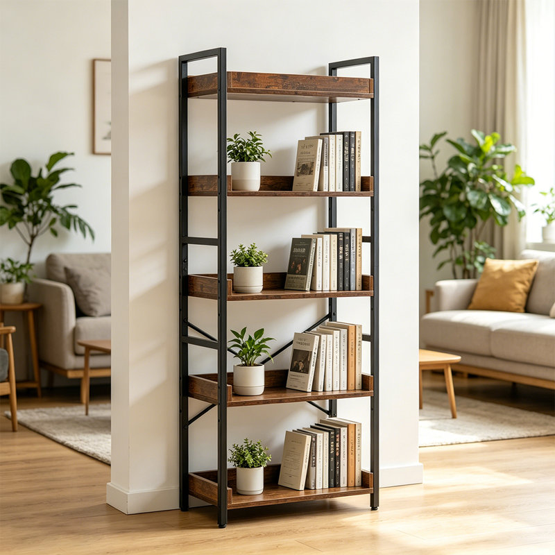 Bibliothèque industrielle ajustable, bibliothèque verticale en bois avec cadre en métal pour bureau à domicile, salon, chambre à coucher