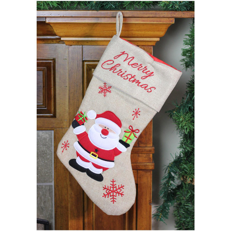 Chaussette de Noël 19 "beige et rouge avec père Noël brodé