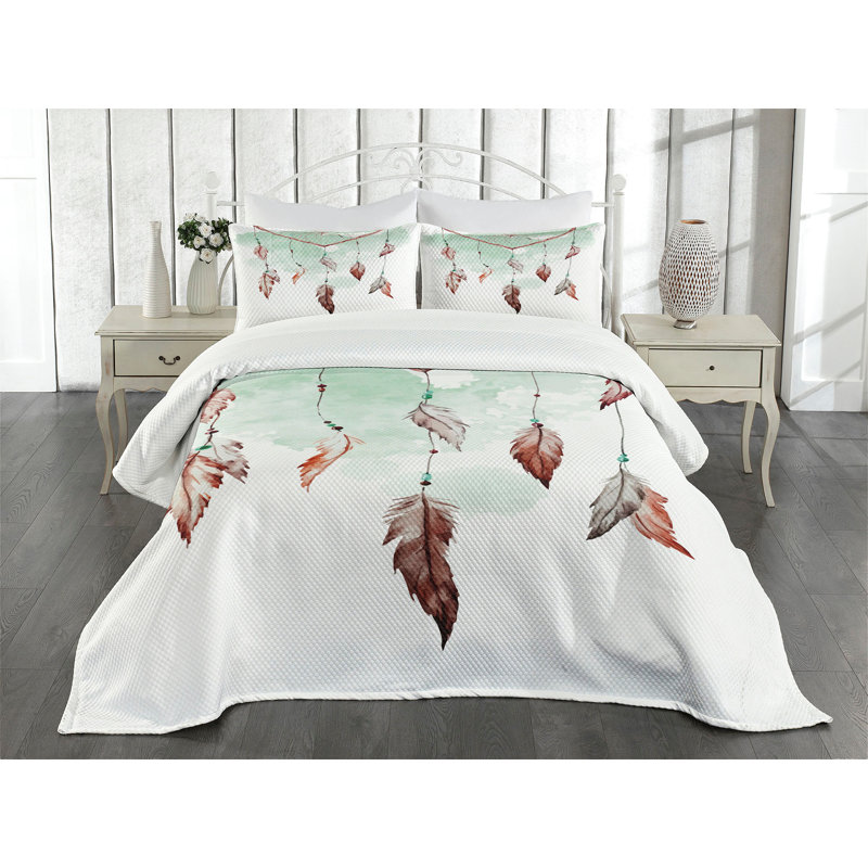Ambesonne Feather Bedspread Set Dreamcathcer Tradition Mint Green Brown, Queen Bedspread + 2 Standard Shams