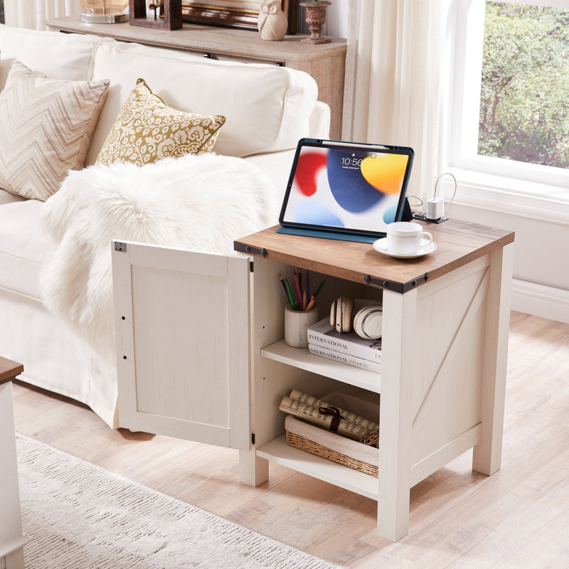 Clairese 24'' Tall  Farmhouse End Table With Charging Station, Wood Nightstand With Adjustable Shelf, Built-In Outlets