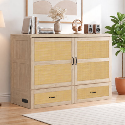 Wrought Studio Farmhouse Rattan Queen Size Cabinet Murphy Bed with Storage Drawers, Charging Station & Mattress
