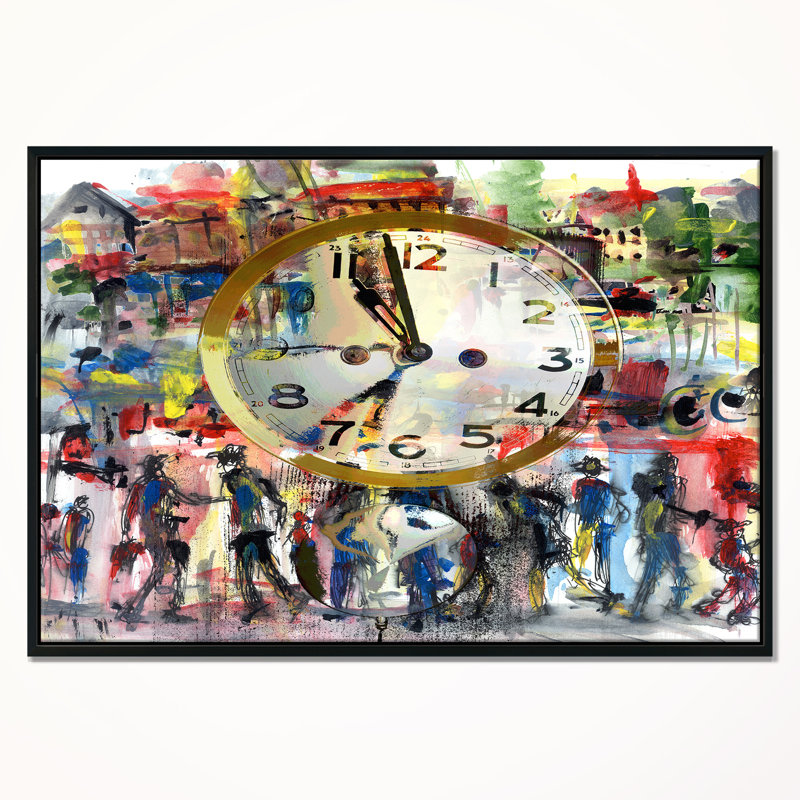 «People and Time Acrylique Watercolor», peinture, H 16 po x l 32 po, Cadre flottant noir