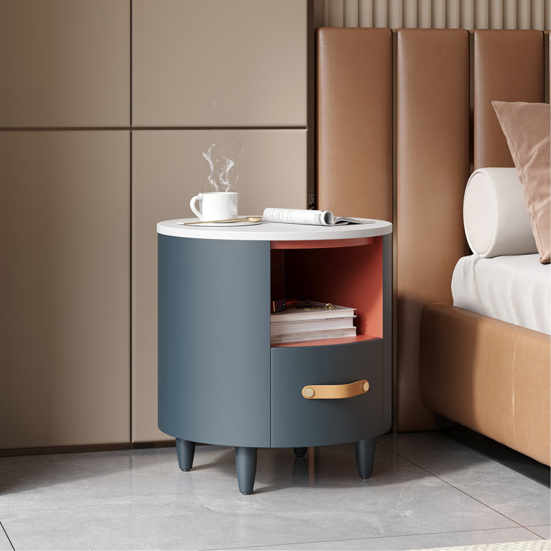Table de chevet compacte ronde bleue avec utilisation polyvalente, tiroir pour le rangement des bijoux, articles à accès rapide à tablette ouverte, chambre à coucher et salon modernes sans effort, articles