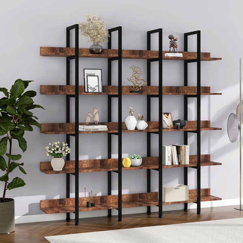 5 Tier Bookcase With Metal Frame, Open Book Display Shelf, Vintage Industrial Bookshelf, MDF Board Storage Organizer Rack