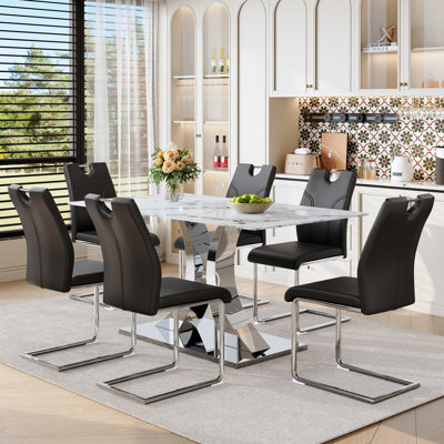 Transformable Modern Dining Table Sets With Glass Marble Top And Steel Legs