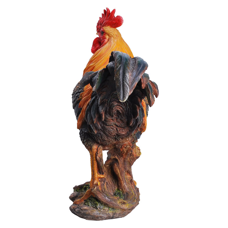 Majestic Black and Orange Resin Rooster Figurine, 16" Tall