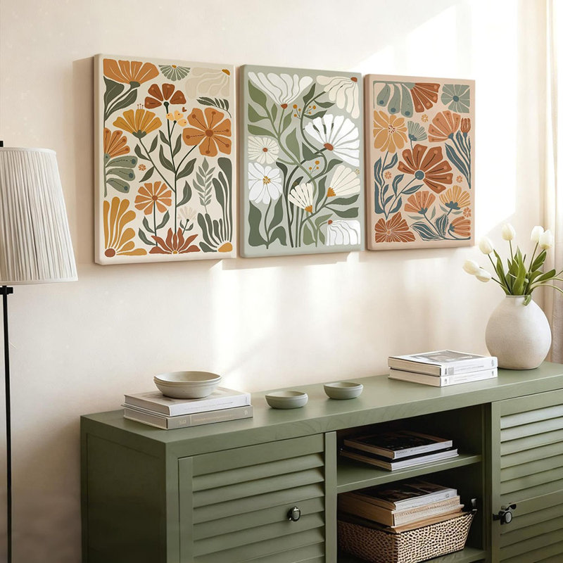 3 Pcs Framed Bohemian Wildflower Wall Art, Abstract Floral Canvas Print Hand-Painted Botanical Poster Modern Minimalist Style Wall Decor For Bedroom And Living Room