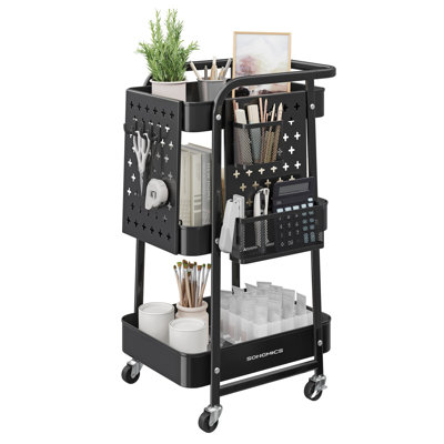 29.1'' H X 17'' W 3-Tier Rolling Utility Cart with 2 Hanging Holders, 2 Removable Pegboards and 4 Hooks