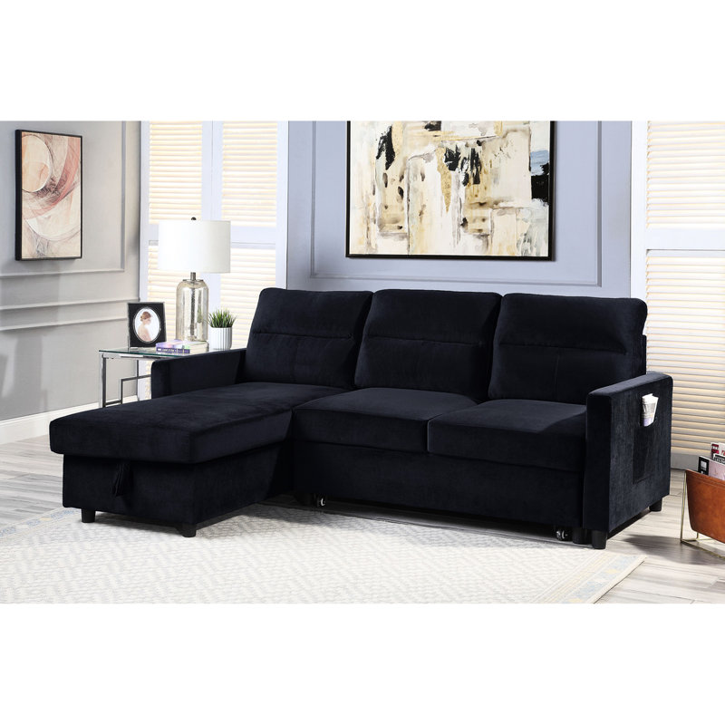 Canapé-lit 81,5 po en velours avec poche latérale et rangement pour chaise longue en tissu noir, largeur de 82,7 po