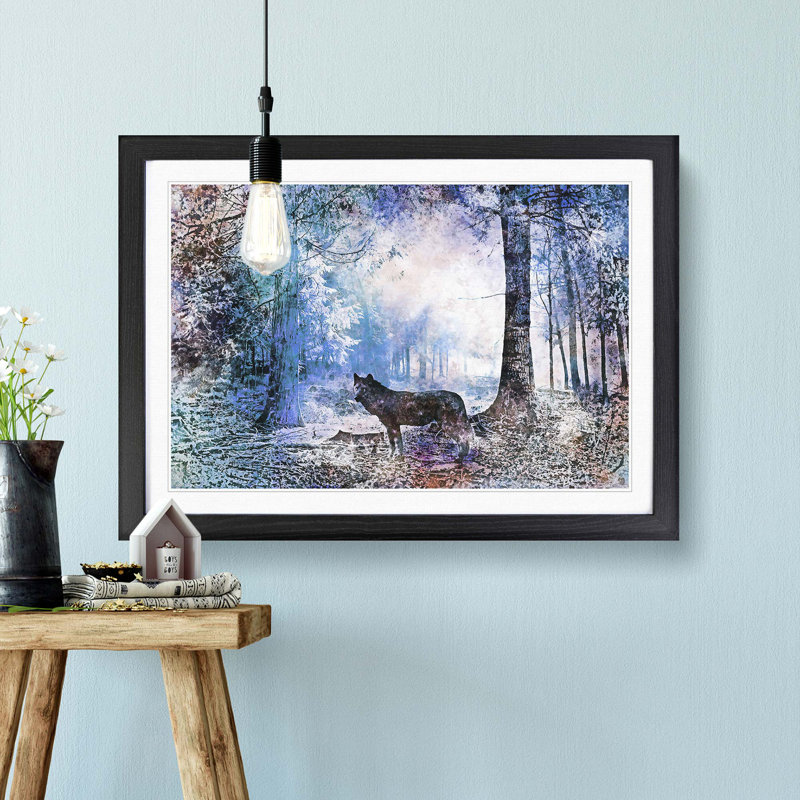 Wolf in a Magical Forest in Abstract - Picture Frame Painting Print, 60cm H x 91cm W x 2cm D, Black