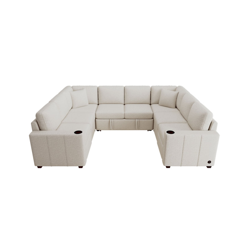 107.1" Sectional Sofa Convertible Pull-Out Sofa Bed U-Shaped Sofa For Living Room, Beige Chenille