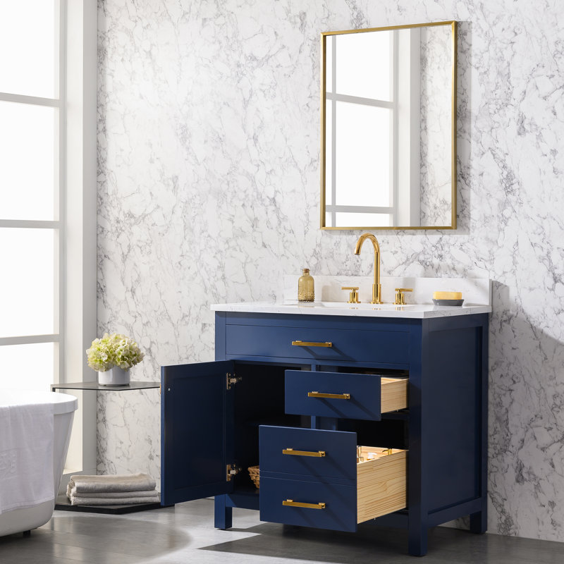 Meuble-lavabo simple 36 po Ajhane, Bleu marine / doré brossé