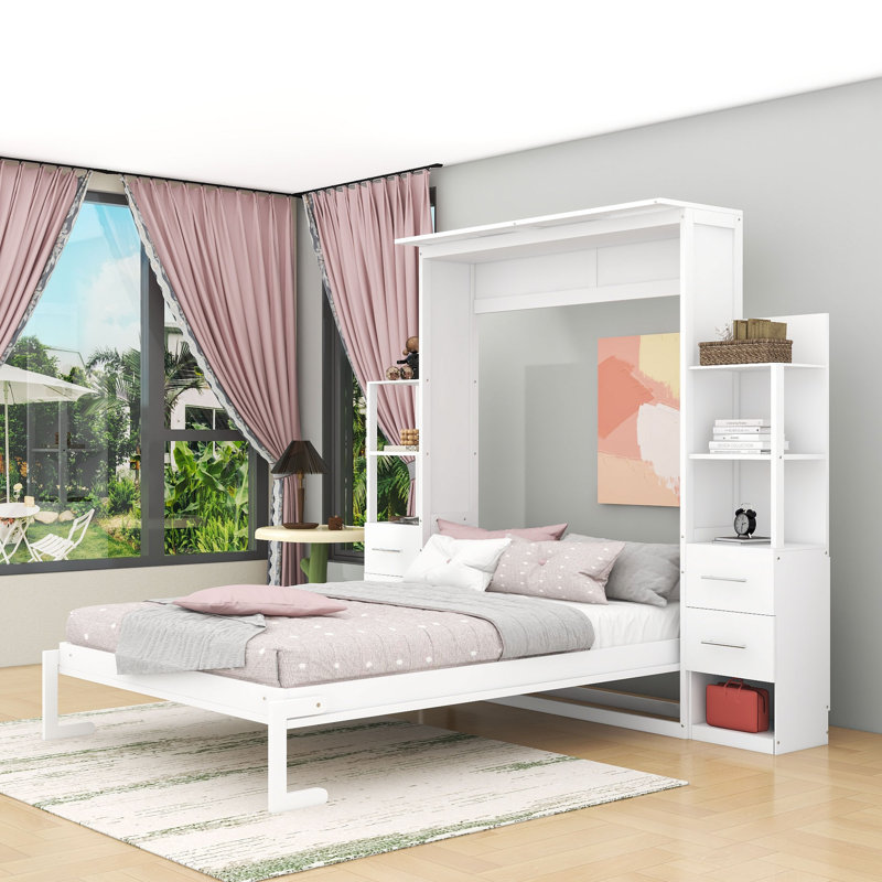 Lit escamotable 4 tiroirs avec tablettes et éclairage DEL, conception pliable peu encombrante, Full / Double, Blanc
