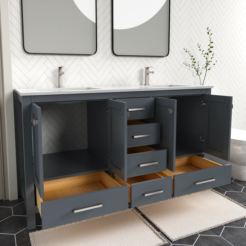 Ensemble de meuble-lavabo autoportant gris anthracite avec comptoir en quartz de 60 po Anvay, Gris anthracite