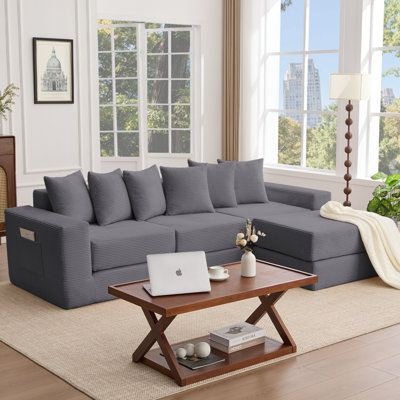 10-in-1 Convertible Sofa Sectional ,Corner Couch , Convertible Floor Sleeper Sofa,Corduroy,Side Pocket,No Assembly,DIY,L Shaped Modular Sofa,6 Pillows,Dark Gray