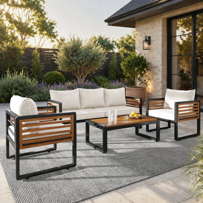 Grand ensemble de conversation extérieur pour 5 personnes avec coussins amovibles, structure en métal et bois d'acacia, canapé beige et table