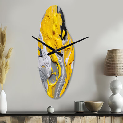 Yellow And Grey Cosmic Vibrations II - Curved Shape Large Yellow Wall Clock - Unique Shape