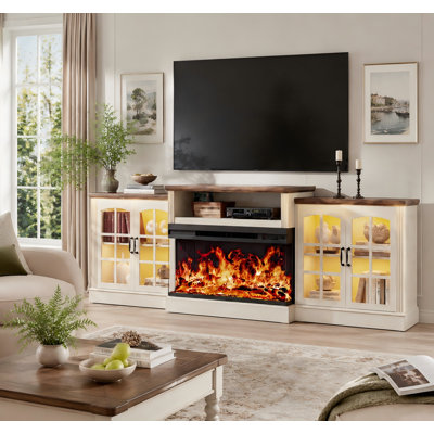 Meuble télé 97 po avec foyer électrique sur 3 côtés pour téléviseurs de plus de 100 po, grand espace de rangement et console média
