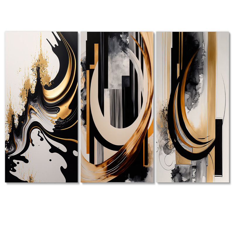 Vague noire et dorée sur toile, 3 pièces, H 40 po x l 60 po x P 1 po