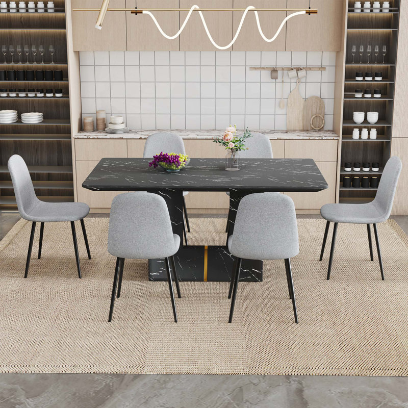 Ensemble de table et de chaises. Ensemble de table de salle à manger en MDF à motif de marbre avec 6 chaises, convenant à la cuisine et à la salle à manger