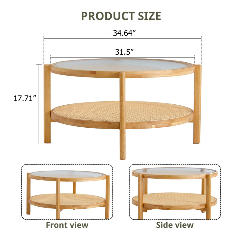 Modern Circular Solid Wood Tea Table With Rattan, Double-layer Round Side Table.