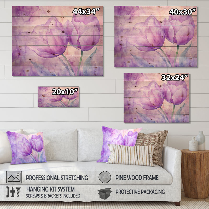 Radiant fleur de tulipe mauve I - Art mural traditionnel sur bois de pin naturel, H 30 po x l 40 po x P 0,78 po