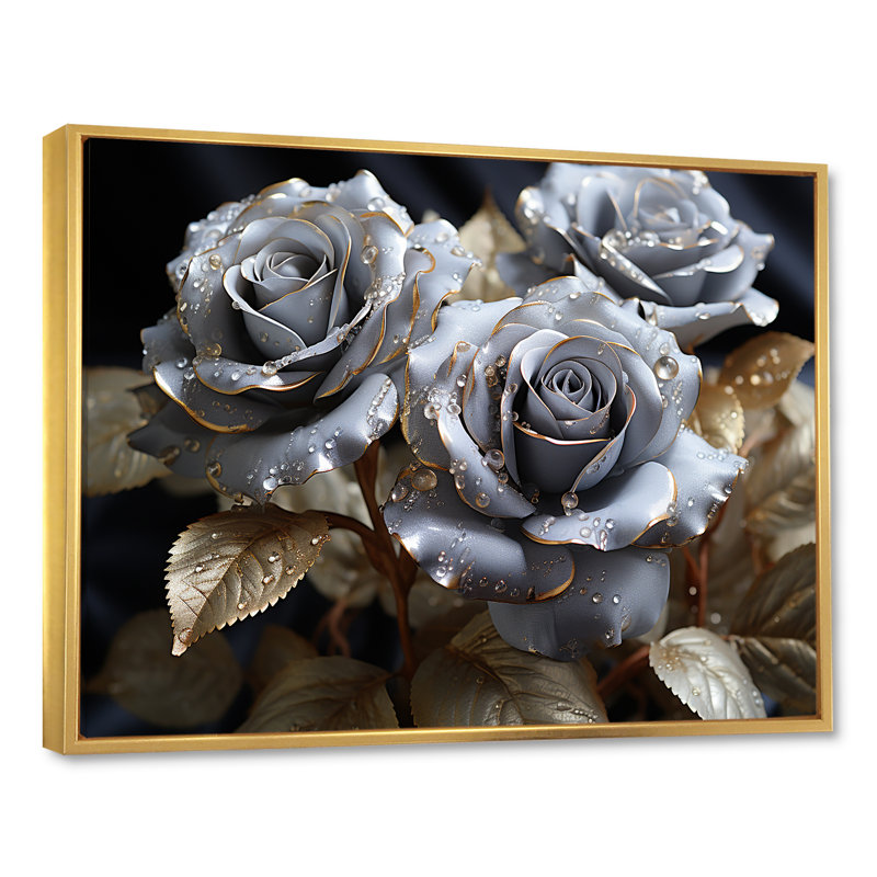 Gris et rose rose passion - roses, art mural, Cadre flottant doré, H 34 po x l 44 po x P 1,5 po