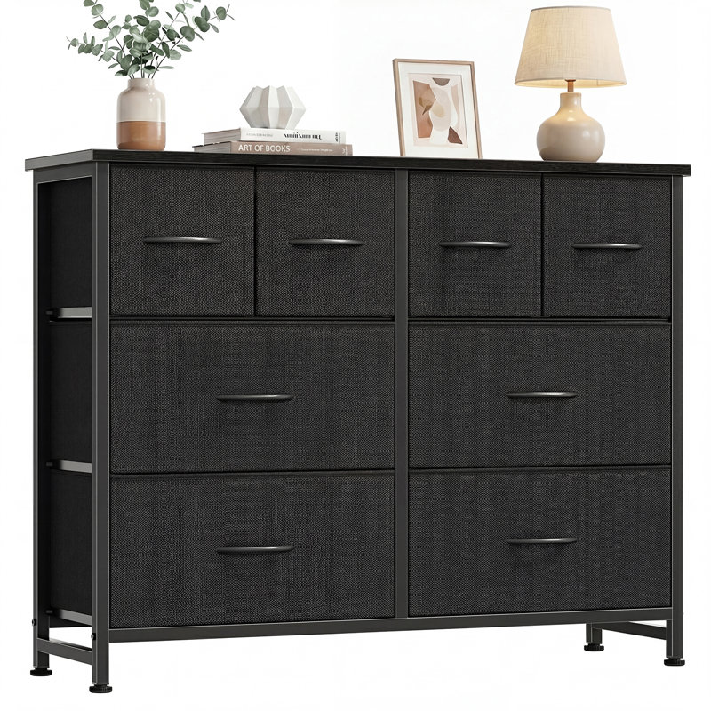 8-Drawer Fabric Dresser, 30"H Storage Chest with Wood Top, Black