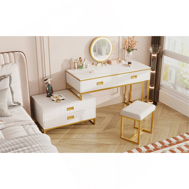 GO Modern Style Vanity Table With Movable Side Cabinet And 4-Drawers, Large Size Dressing Table With Mirror And 3-Colours LED Light, Makeup Table With Stool, White, Golden Legs