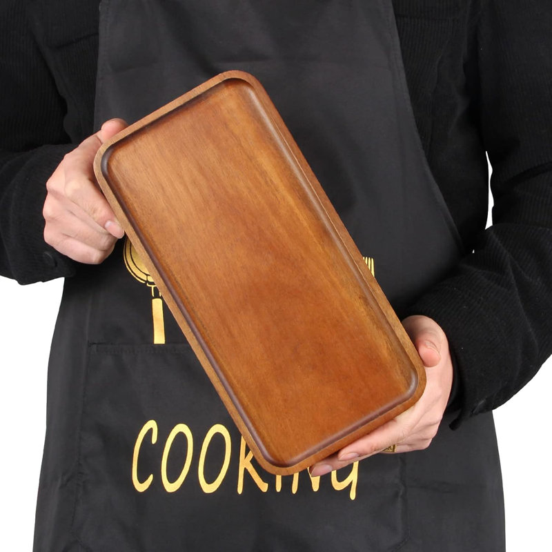 Ensemble de 4 plateaux de service rectangulaires en bois d'acacia (25,4 x 14 x 1,5 cm), compatibles avec les aliments, pour la cuisine, la table basse, le petit-déjeuner, le goûter et comme plateaux de rangement décoratifs.