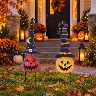 2-Pack Metal Pumpkin Garden Stakes with Witch Hats for Halloween Decor