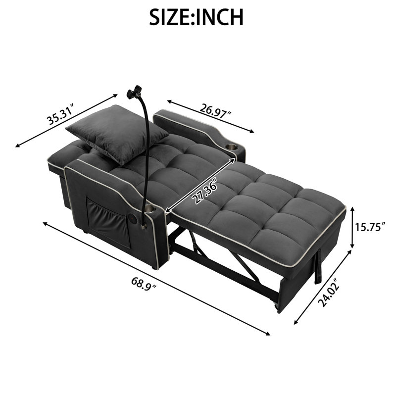 Chaise 3 en 1 multifonctionnelle en velours simple, fauteuil inclinable réglable avec rangement, rangement latéral et porte-gobelets, bureau pour petits espaces de vie, futon-lit convertible noir, angle, téléphone