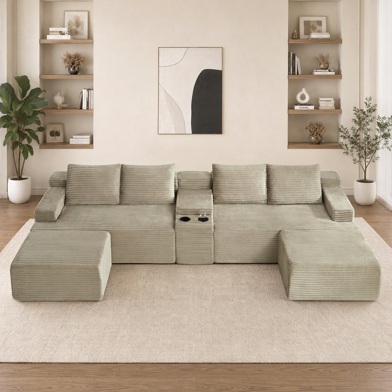 Canapé d'angle modulaire en forme de U sans armature, canapé nuage en tissu velours côtelé avec console de rangement et poufs amovibles, canapé de sol convertible pour salon
