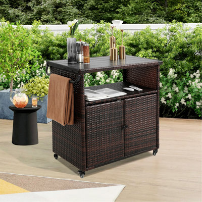 Outdoor Wicker Bar Cart,Glass Top With Practical and Versatile by Latitude Run