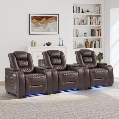 Siège de cinéma inclinable électrique de 38 po de large en similicuir avec appui-tête électrique, éclairage à DEL, porte-gobelets et recharge USB (ensemble de 3)
