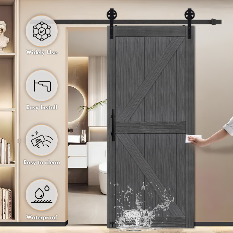 MDF Barn Door Easy Assembly -Solid Slab Covered with Water-Proof PVC Surface with Hardware Kit, Dark Gray, 54" x 84"