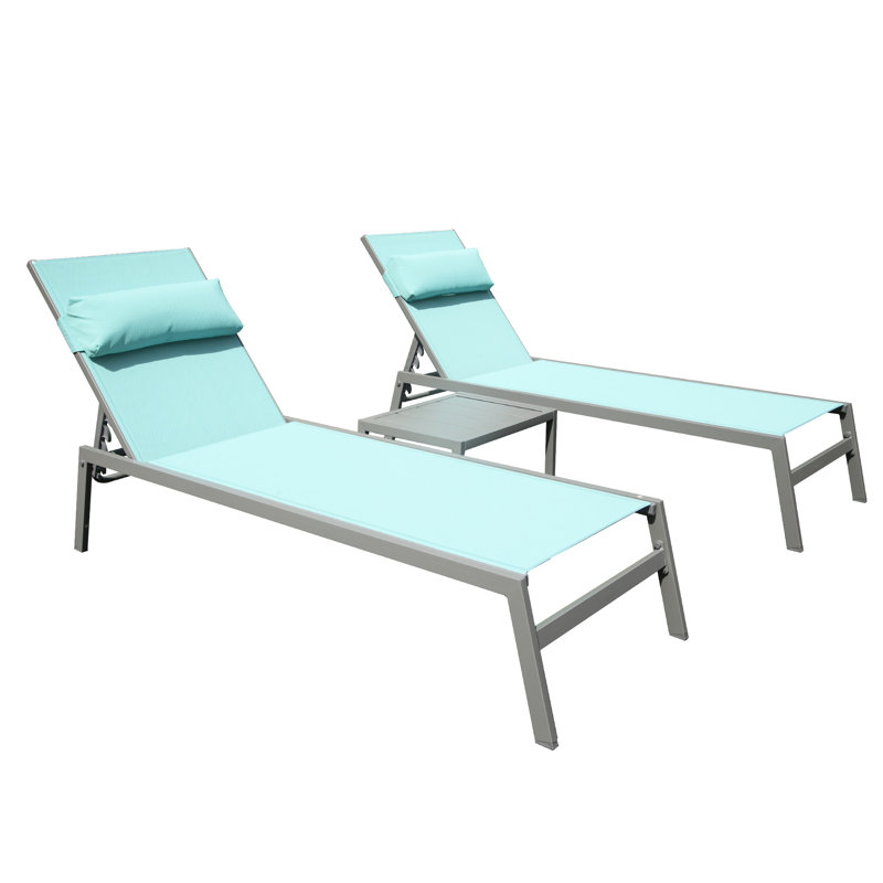 Bleu lac (3). Chaises de balcon d'extérieur réglables avec table d'appoint. Fabrication en aluminium. Respirant. 5 positions réglables. Pour plus de confort. Espace empilable, 3 pièces, bleu. Cour