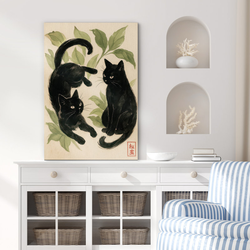 «Playful Black Cats with Green Leaves», reproduction d'art sur toile encadrée, H 36 po x l 24 po x P 1,5 po, Toile tendue
