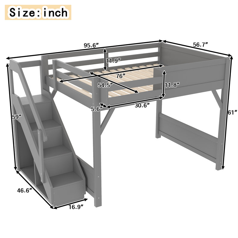 Full Solid Wood Loft Bed with Built-in Wardrobe, Storage Shelves, Full-Length Guardrails & Stairs, Gray, Gray, Full