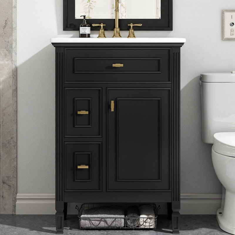Meuble-lavabo moderne 24 po avec lavabo, armoire de rangement en bois massif avec tiroir rabattable et tablette ajustable, meuble-lavabo vert autoportant avec quincaillerie dorée
