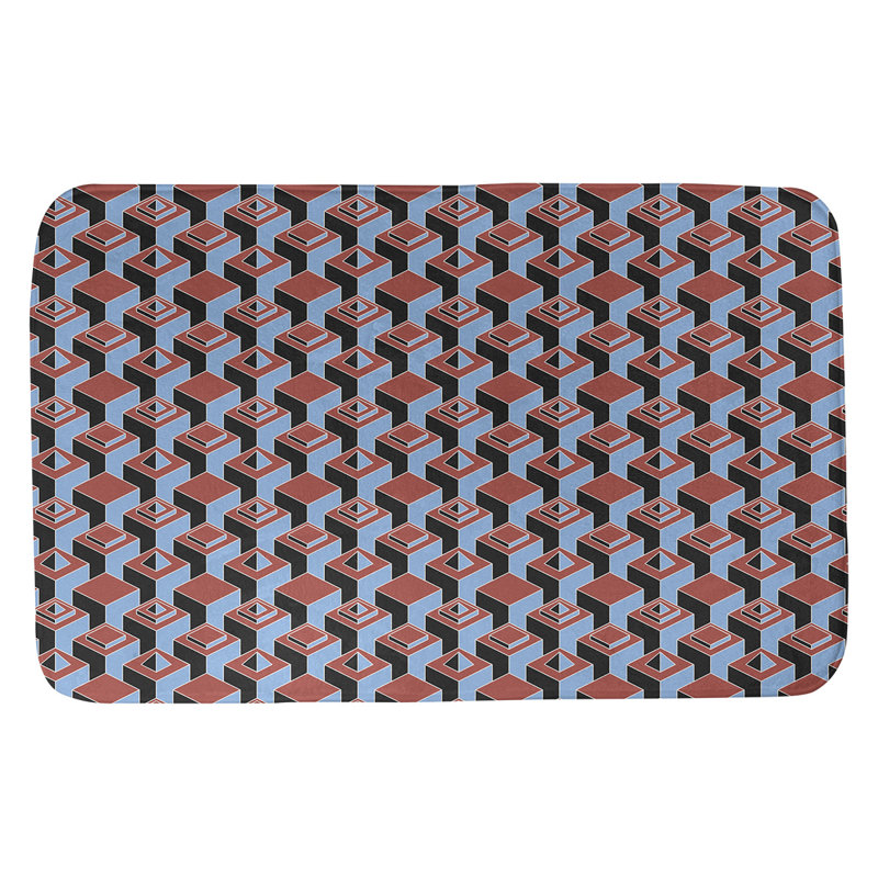 Tapis de bain géométrique antidérapant à motif de gratte-ciels, l 17 po x L 24 po, Rouge / bleu sarcelle