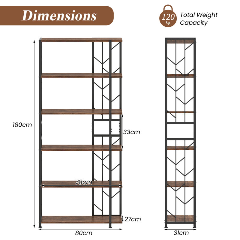 180cm H x 80cm W Metal Etagere Bookcase, Brown