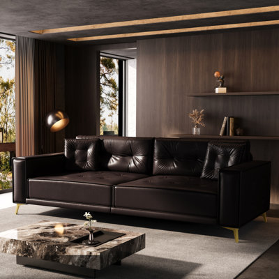 92.1"King Size Pull Out Sofa Bed,3-In-1 Faux Leather Convertible Sleeper Sofa With Ultra Wide Armrests,Tufted Modern Sofa,4-Seater Couch With 2 Pillows For Living Room,Apartment,Office