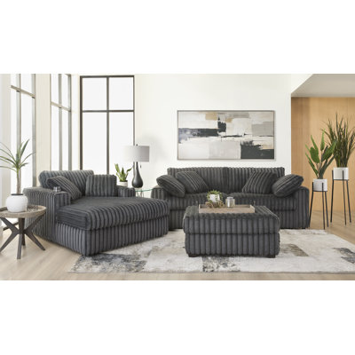 3-Piece Living Room Set - Channel Tufted Sofa, Theater Chaise, And Ottoman In Mondo Charcoal
