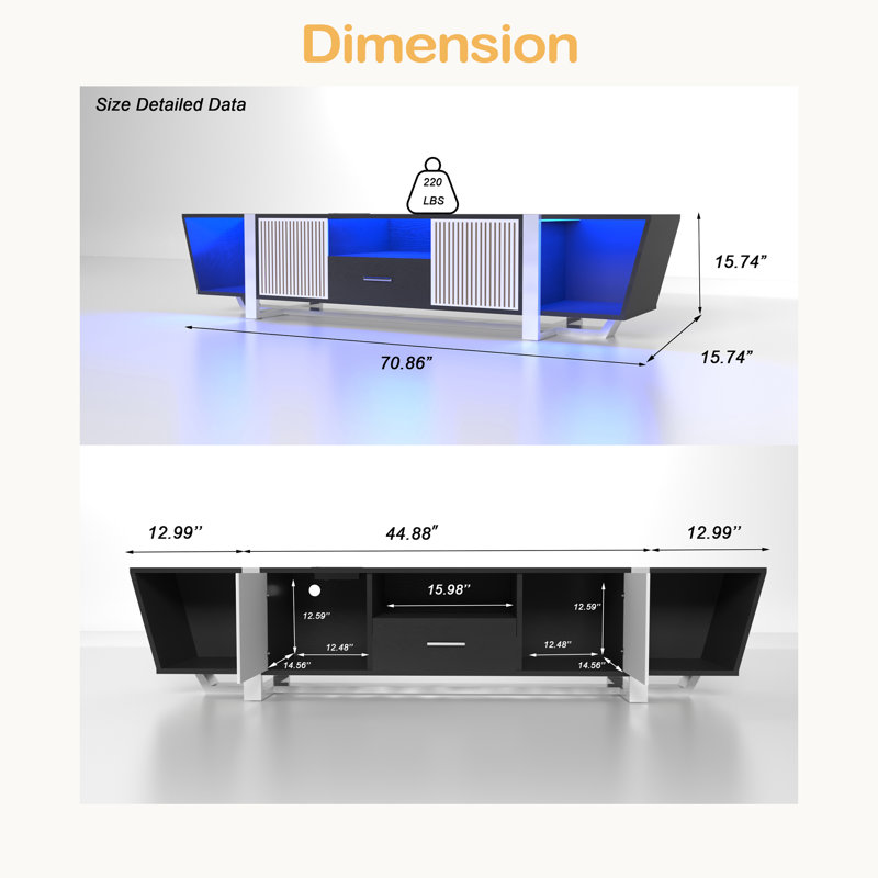 Meuble télé avec grands armoires de rangement, meuble télé à DEL Biplane avec télécommande, ensemble de divertissement moderne à lumières multiples avec cordon d'alimentation