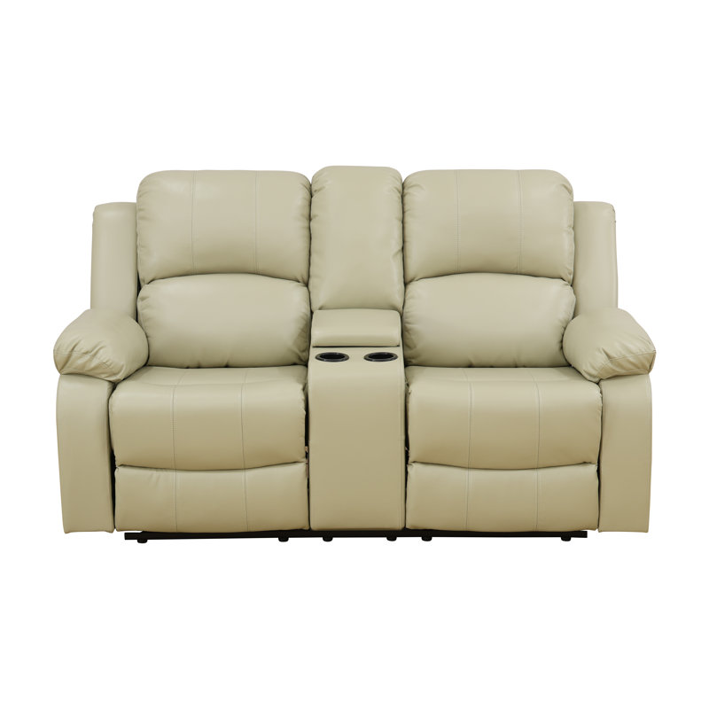 68" Premium Vegan Leather Reclining Living Room Loveseat With Middle Console And Cup Holders, Beige