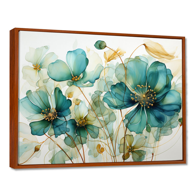 «Teal Green Organic croissance - Abstract Botanicals», art mural, H 34 po x l 44 po x P 1,5 po, Cadre flottant brun