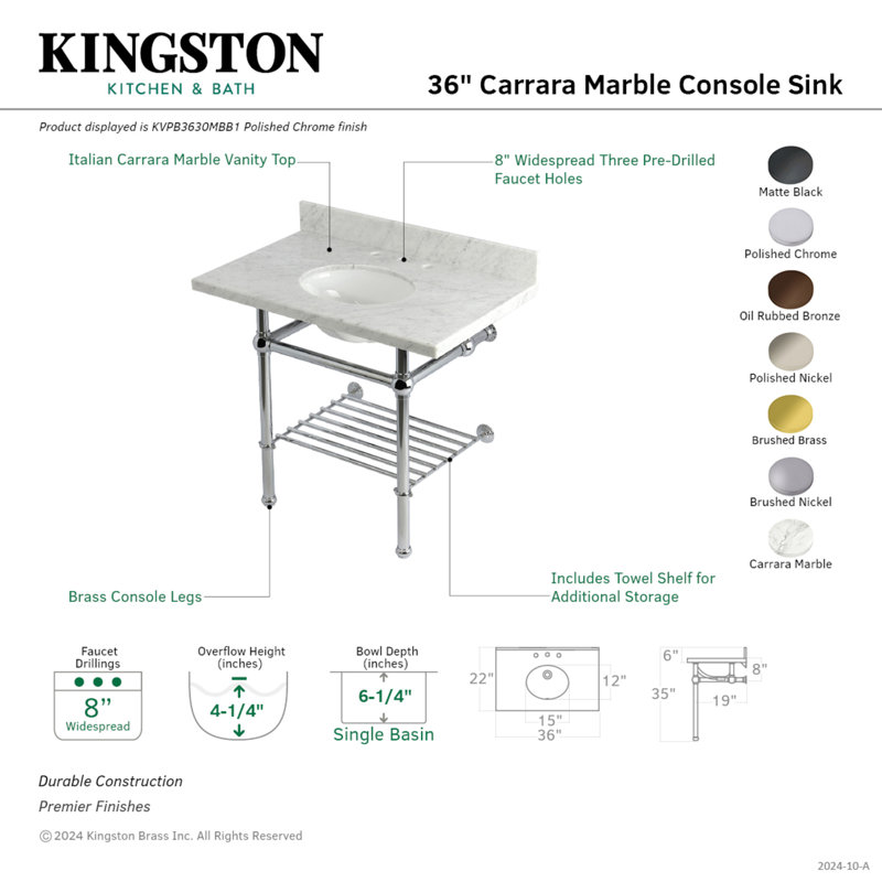 Kingston Brass Templeton 36-Inch Carrara Marble Console Sink with Brass Legs and Shelf (8-Inch, 3-Hole)